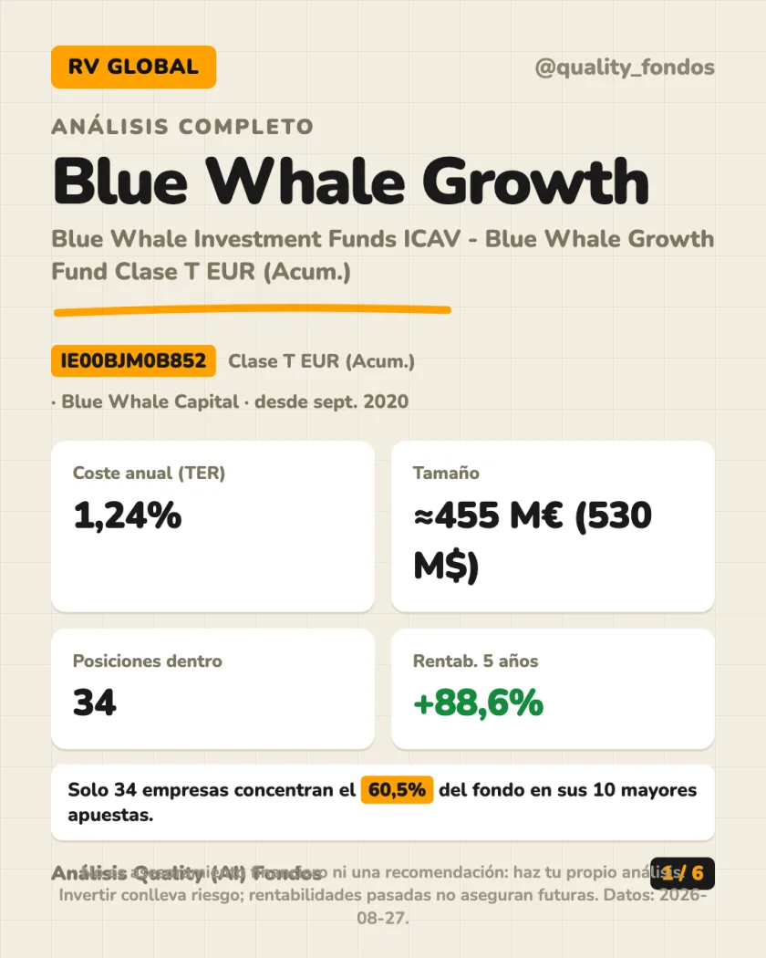 Resumen en 30 segundos del análisis de Blue Whale Investment Funds ICAV - Blue Whale Growth Fund Clase T EUR (Acum.)